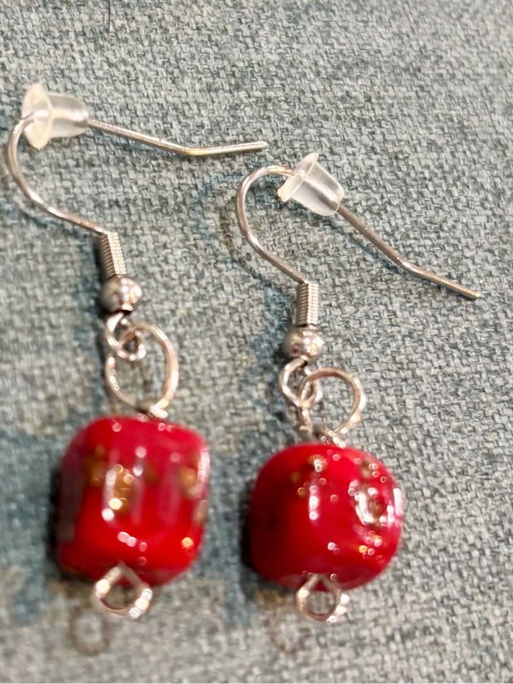 Handmade Red Golden Speckled Glass Square Bead Dangle Earrings with Wired Hooks